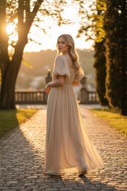 Listicle Champagne Pleated Mesh Puff Sleeve Square Neck Babydoll Maxi Dress, Siz